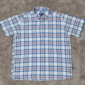 Patagonia Men's Shirt Size XL White Plaid Snap Up Short Sleeve Button Up Down